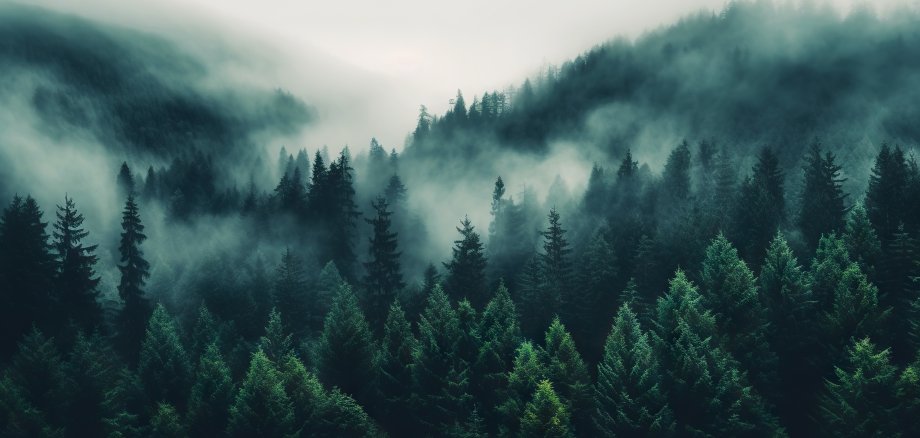 Luftaufnahme von einem Wald mit Nebel