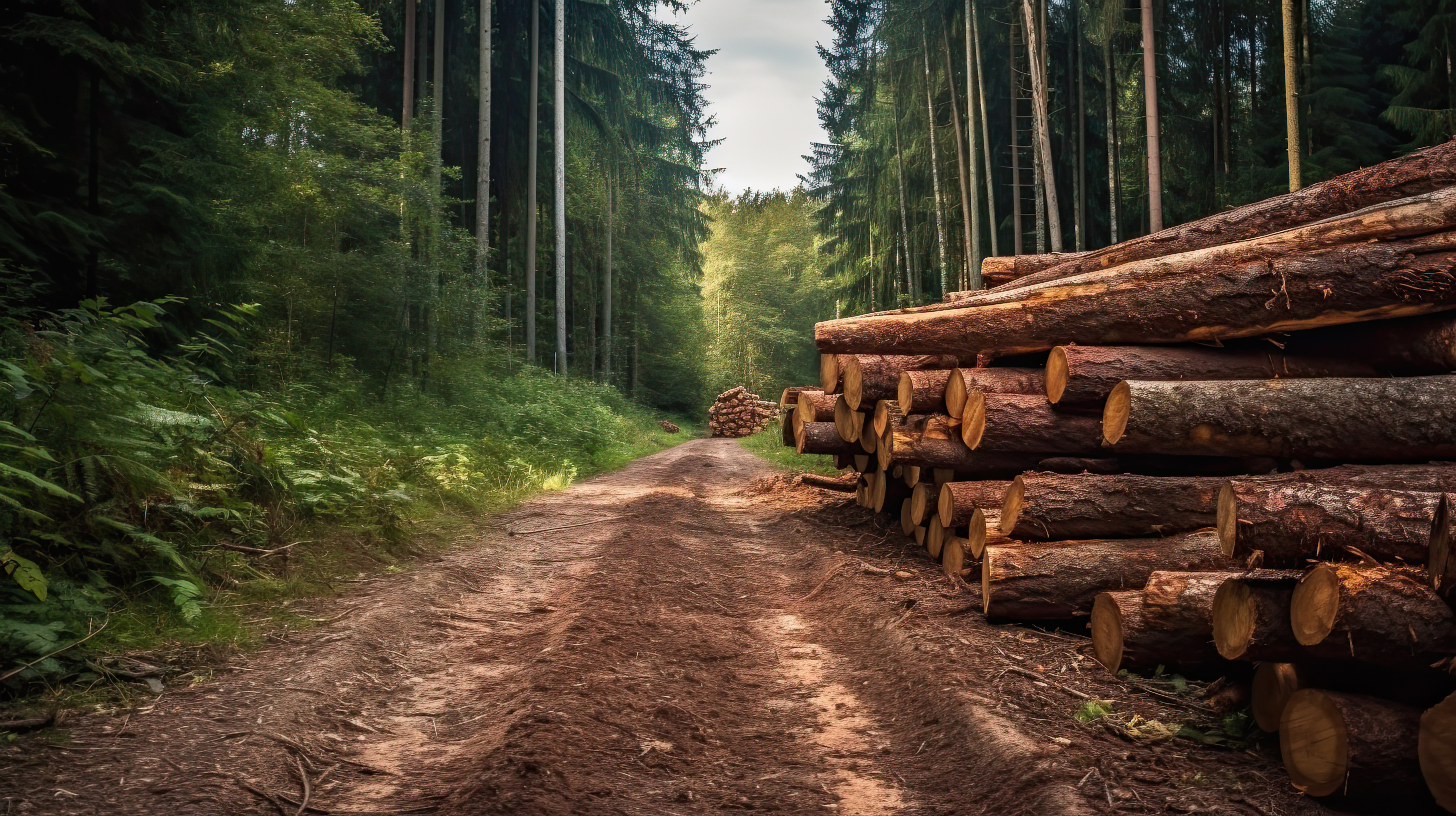 Stapel geschlagener Holzstämme im Wald