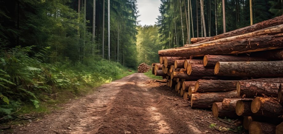 Stapel geschlagener Holzstämme im Wald